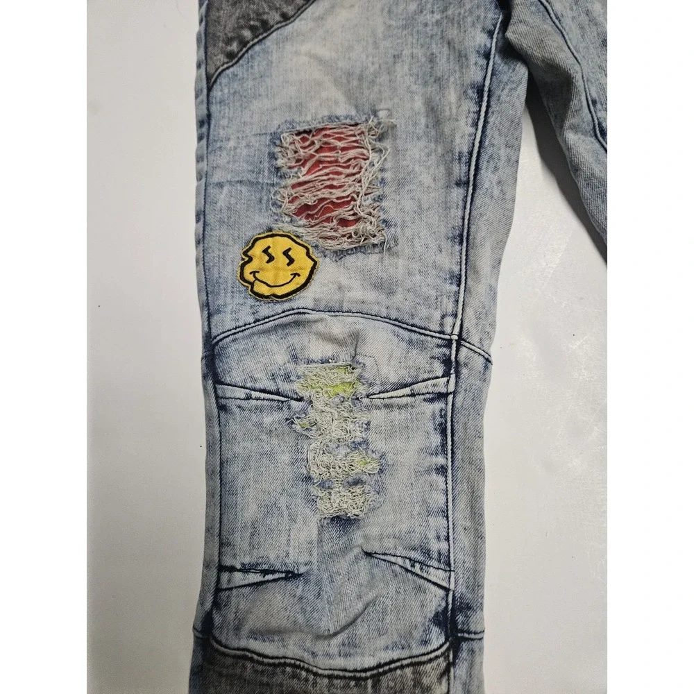 Rue 21 Prem Jeans Mens 26x30 Skinny Supreme Grunge Hippie Moto Acid Wash Patches